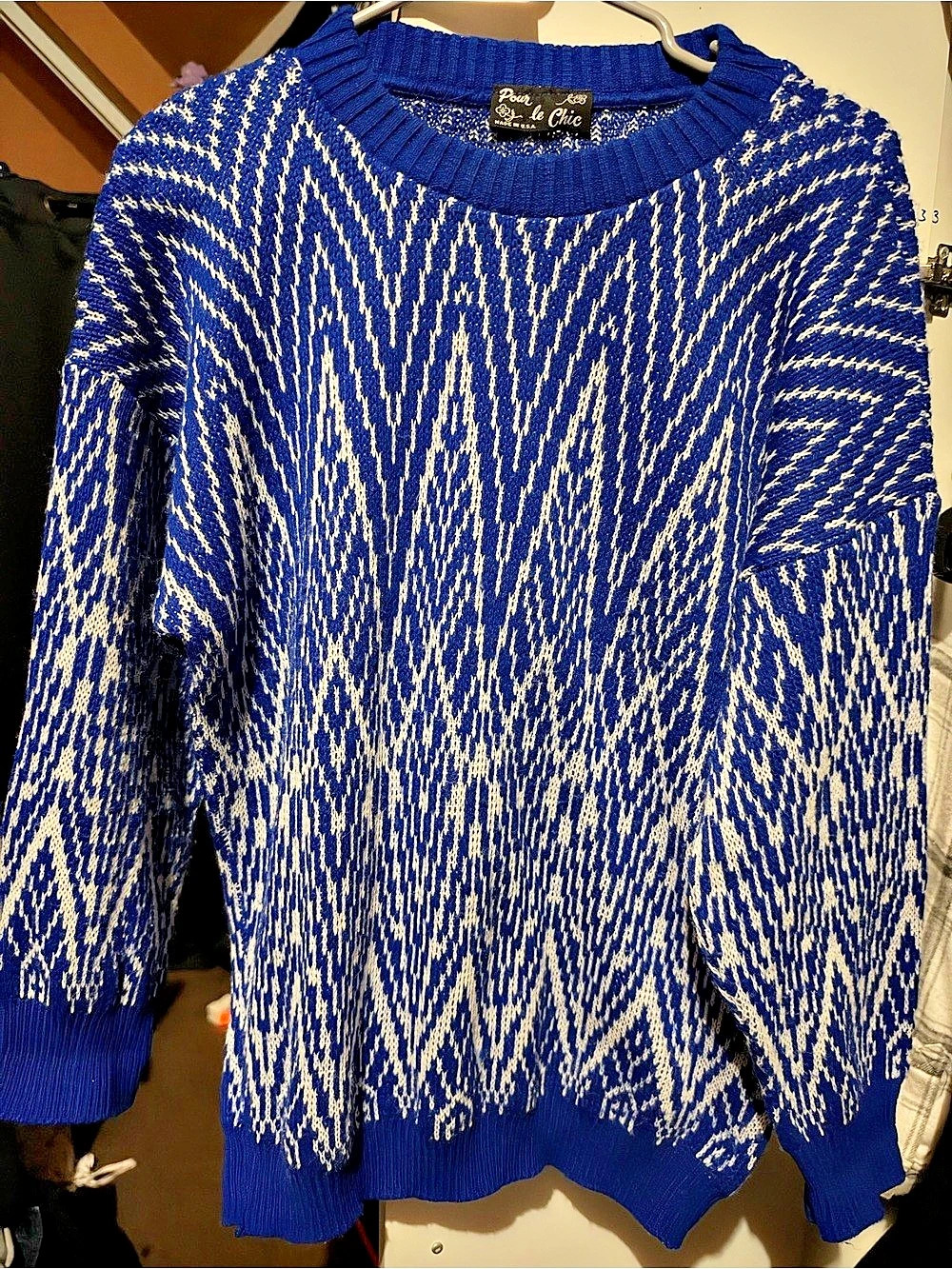Pour le Chic Geometric Crewneck Sweater in Blue & White Like New